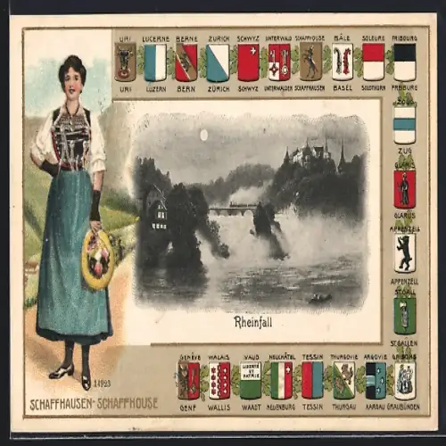 Passepartout-AK Schaffhausen, Rheinfall, Frau in Tracht, Wappen von Bern, Zürich und Unterwalden
