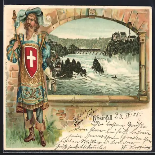 Passepartout-Lithographie Rheinfall mit Brücke im Rahmen