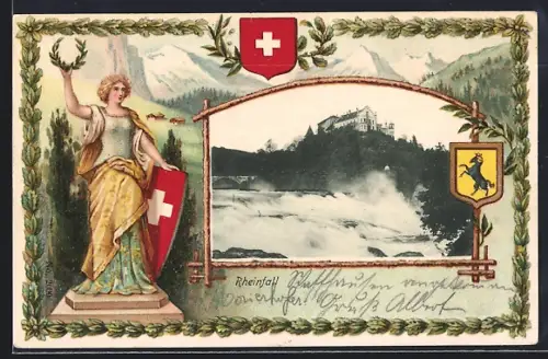 Passepartout-Lithographie Rheinfall, Ansicht des Wasserfalles mit Gebäude auf Felsen, Helvetia mit Wappen