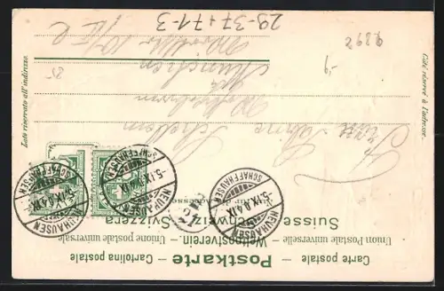 Passepartout-Lithographie Rheinfall, Ansicht des Wasserfalles mit Gebäude auf Felsen, Helvetia mit Wappen