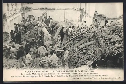 AK Nogent-sur-Seine, Le Catastrophe du 31 Octobre 1911, le 1er bataillon de Chasseurs et le 60e d`Artillerie de Troyes