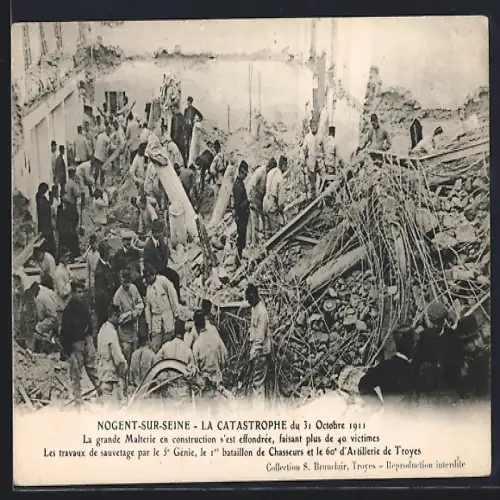 AK Nogent-sur-Seine, Le Catastrophe du 31 Octobre 1911, le 1er bataillon de Chasseurs et le 60e d`Artillerie de Troyes