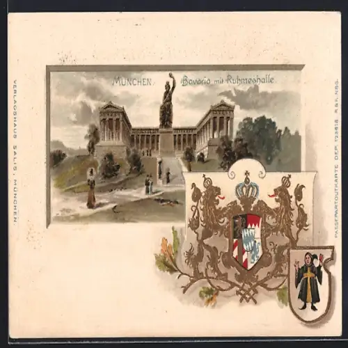 Passepartout-Lithographie München-Theresienhöhe, Bavaria mit Ruhmeshalle und Wappen