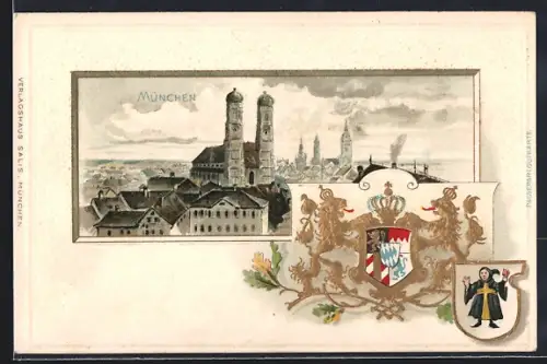 Passepartout-Lithographie München, Frauenkirche mit Wappen des Königreichs Bayern und Münchener Wappen