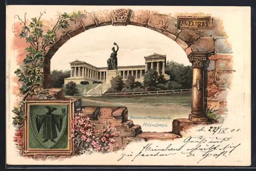 Passepartout-Lithographie München, Bavaria und Ruhmeshalle, Münchner Kindl