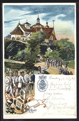 Lithographie Turnfest Hamburg, Turner vor der Festhalle