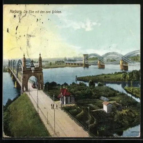 AK Harburg, Elbe mit den zwei Brücken, Strassenbahn