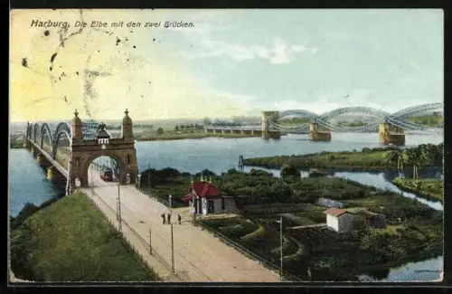 AK Harburg, Elbe mit den zwei Brücken, Strassenbahn