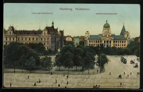 AK Hamburg, Holstentor mit Civiljustizgebäude, Oberlandesgericht und Strassenbahn