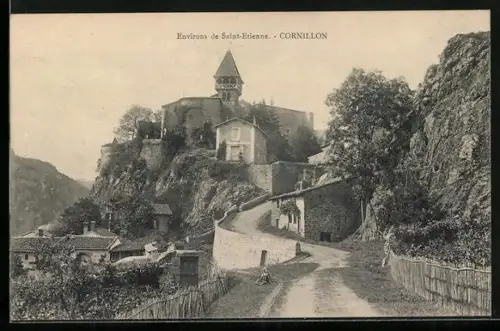 AK Cornillon, Vue sur l`église perchée et le chemin sinueux