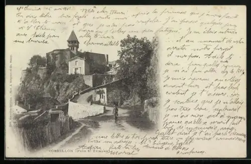 AK Cornillon, Vue du village avec église et chemin bordé de murs