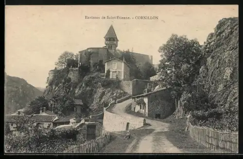 AK Cornillon, Vue du village et de la route sinueuse sur la colline