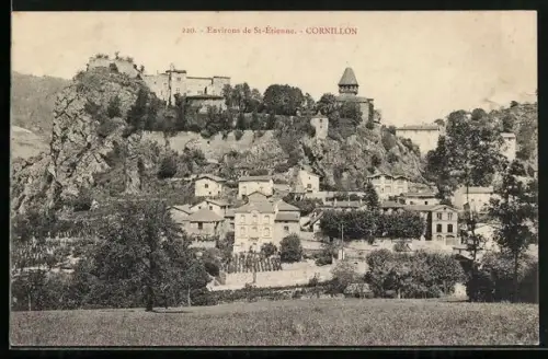 AK Cornillon, Vue du village perché sur le rocher avec fortifications et maisons environnantes