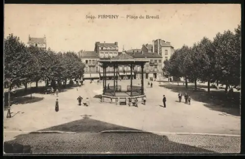 AK Firminy, Place du Breuil avec un kiosque à musique et des promeneurs