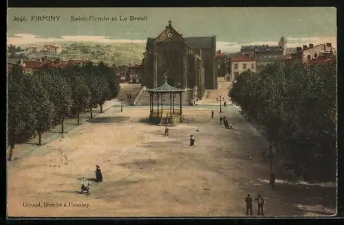 AK Firminy, Saint-Firmin et Le Breuil, Vue de l`église et du kiosque sur la place centrale