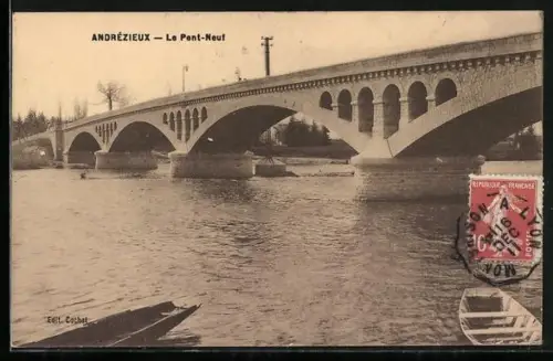 AK Andrézieux, Le Pont-Neuf sur la rivière avec barques au premier plan