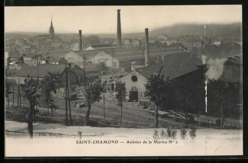 AK Saint-Chamond, Aciéries de la Marine N° 2 avec vue sur la ville et chemin bordé d`arbres