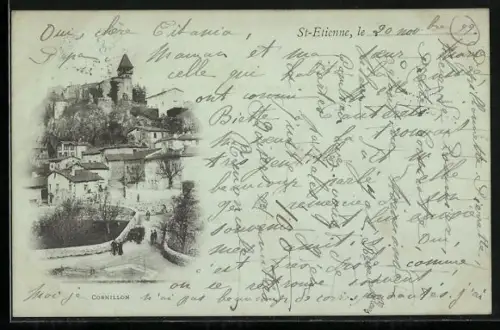 AK Cornillon, Vue du village et du château sur la colline