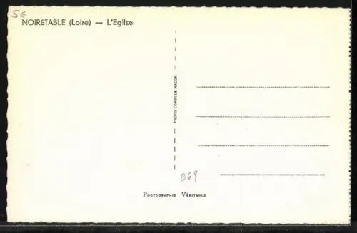 AK Noirétable /Loire, L`Église et la rue avec la boucherie et une voiture ancienne