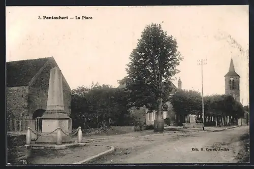 AK Pontaubert, La Place avec monument et église en arrière-plan
