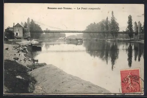 AK Bassou-sur-Yonne, Le Pont suspendu sur la rivière Yonne