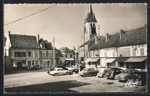 AK Pont-sur-Yonne /Yonne, Place Eugène-Petit avec voitures et église en arrière-plan