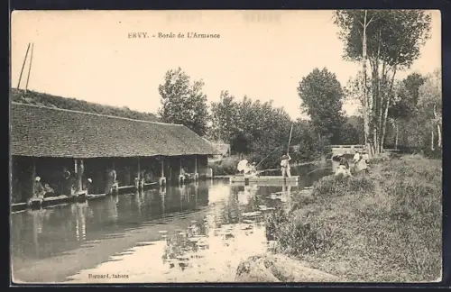 AK Ervy, Bords de l`Armance avec pêcheurs et paysage bucolique
