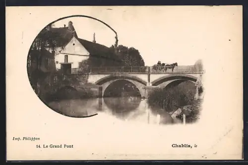 AK Chablis, Le Grand Pont avec calèche sur la rivière