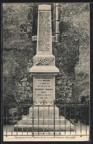 AK Villeneuve-la-Dondagre, Monument aux Morts de la Grande Guerre 1914-1918