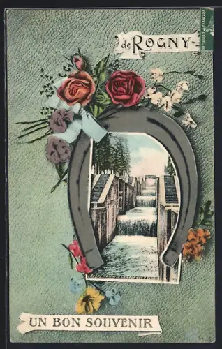 AK Rogny, Un bon souvenir avec fer à cheval et fleurs colorées