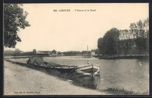 AK Laroche, L`Yonne et le Canal avec des bateaux amarrés