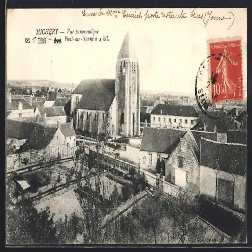 AK Michery, Vue panoramique avec église et village