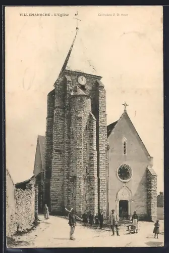AK Villemanoche, L`Église et scène de rue animée