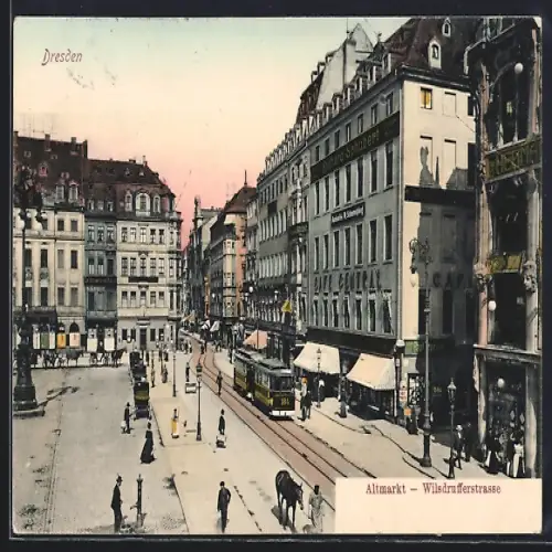 AK Dresden, Altmarkt und Wilsdrufferstrasse mit Geschäften und Strassenbahn
