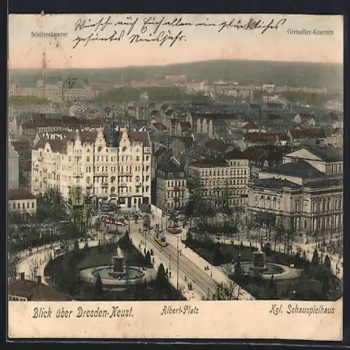 AK Dresden-Neustadt, Albert-Platz mit Königlichem Schauspielhaus und Strassenbahn