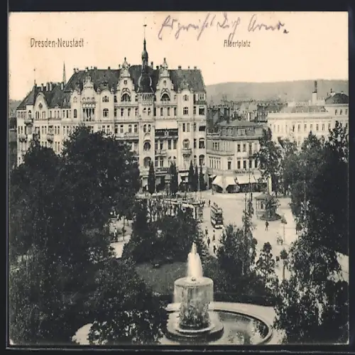 AK Dresden-Neustadt, Albertplatz mit Brunnen und Strassenbahn