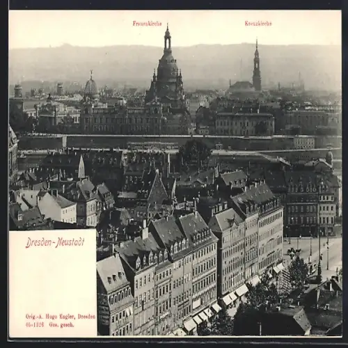 AK Dresden-Neustadt, Strassenpartie mit Frauenkirche und Kreuzkirche