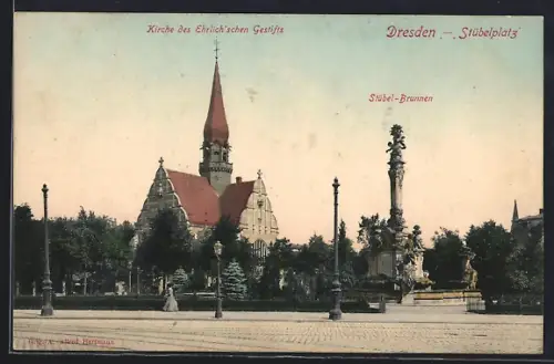 AK Dresden, Partie am Stübelplatz mit Stübel-Brunnen