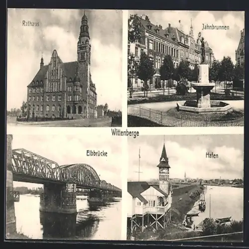 AK Wittenberge, Rathaus, Jahnbrunnen, Elbbrücke