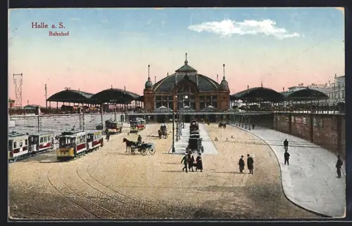 AK Halle a. S., Bahnhof, Strassenbahn, Vorplatz
