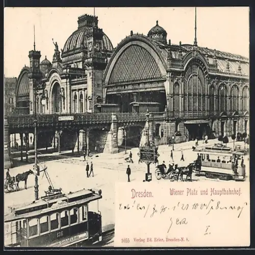AK Dresden, Wiener Platz und Hauptbahnhof, Strassenbahn