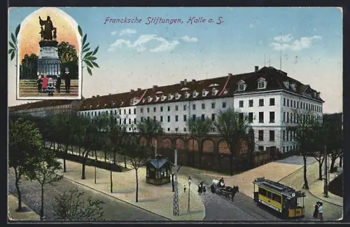AK Halle a. S., Francksche Stiftungen, Denkmal, Strassenbahn