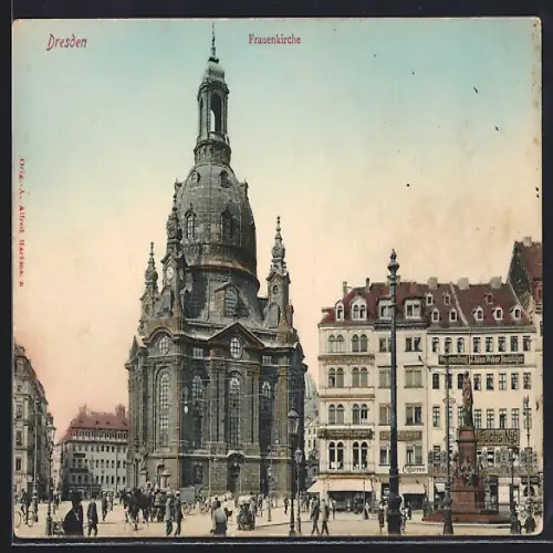 AK Dresden, Frauenkirche mit Vorplatz & Geschäftshäusern
