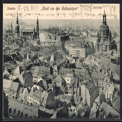 AK Dresden, Rund um den Rathausturm, Panorama mit Frauenkirche, Kath. Hofkirche, Friedrich-August-Brücke