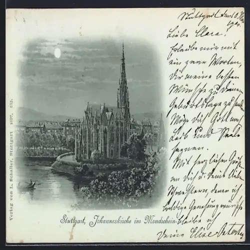 Mondschein-AK Stuttgart, Johanneskirche bei Vollmond