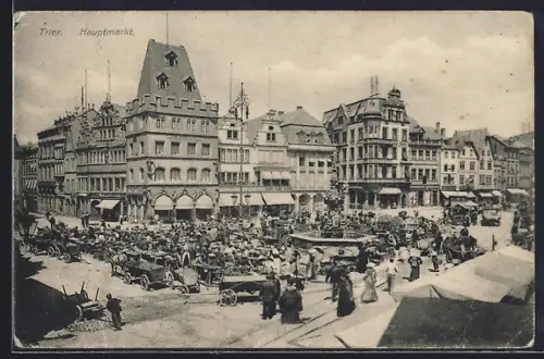 AK Trier, Hauptmarkt mit Markttreiben rund um den Brunnen