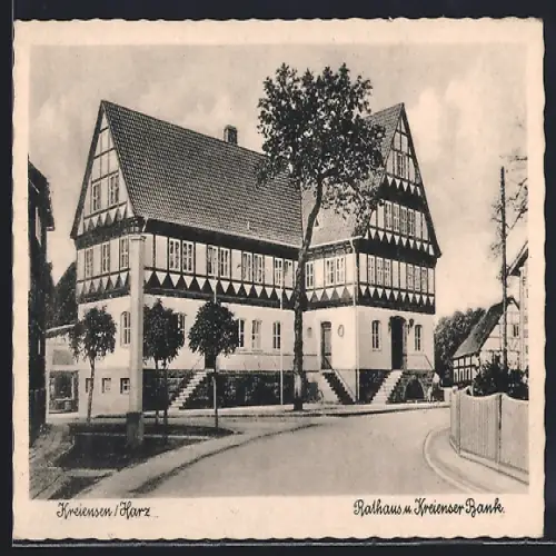 AK Kreiensen /Harz, Strasse am Rathaus und Kreienser Bank