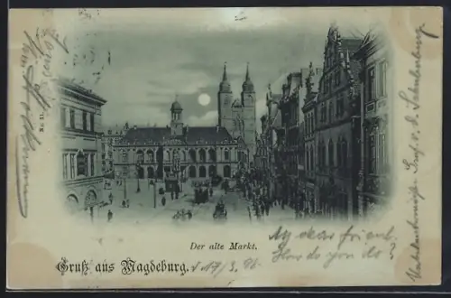 Mondschein-AK Magdeburg, Alter Markt mit Kirche & Rathaus