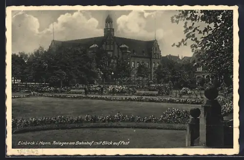 AK Einbeck i. Hann., Anlagen am Bahnhof mit Postamt