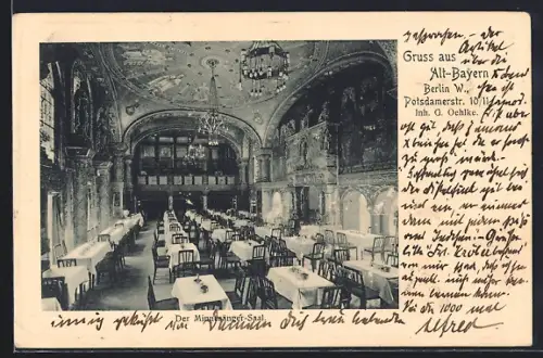AK Berlin W.-Tiergarten, Gasthaus Alt-Bayern, Minnesänger-Saal, Potsdamerstrasse 10-11